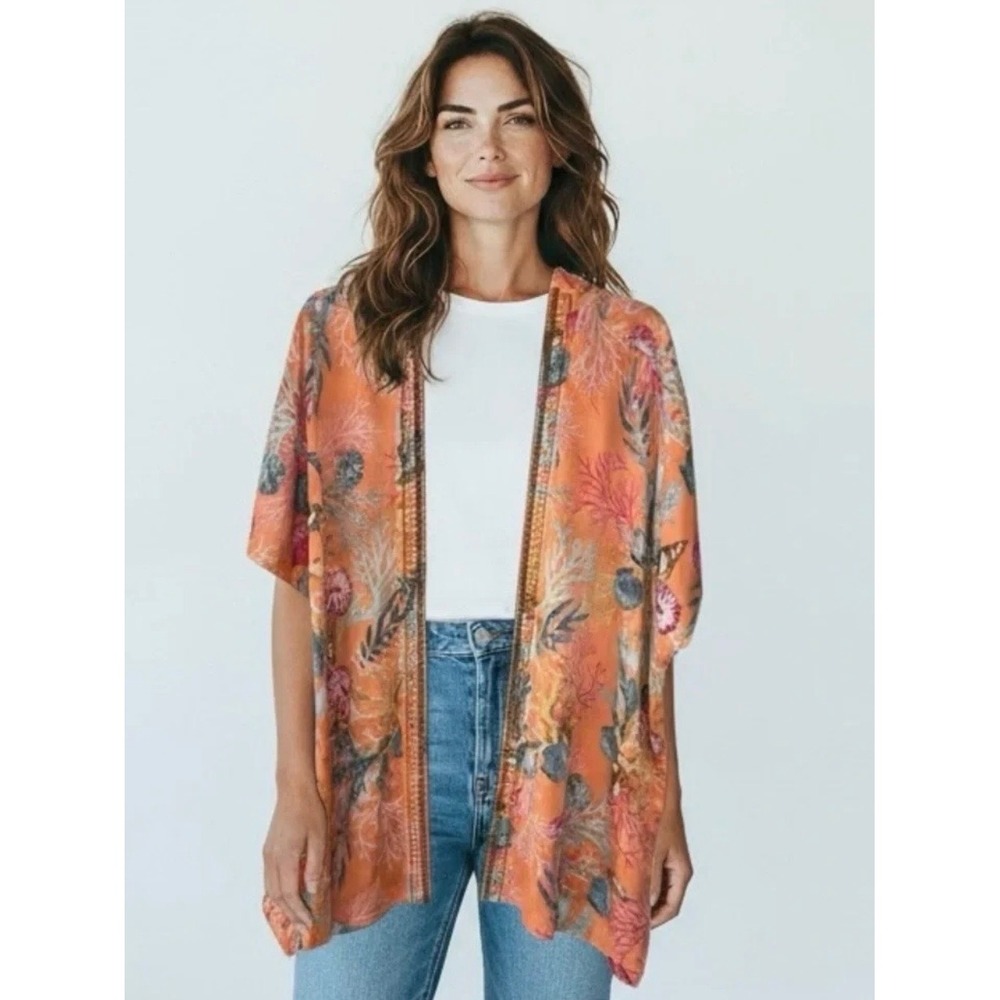 Chico's Coral Reef Seashell Beaded Kimono Wrap Orange Multi S/M